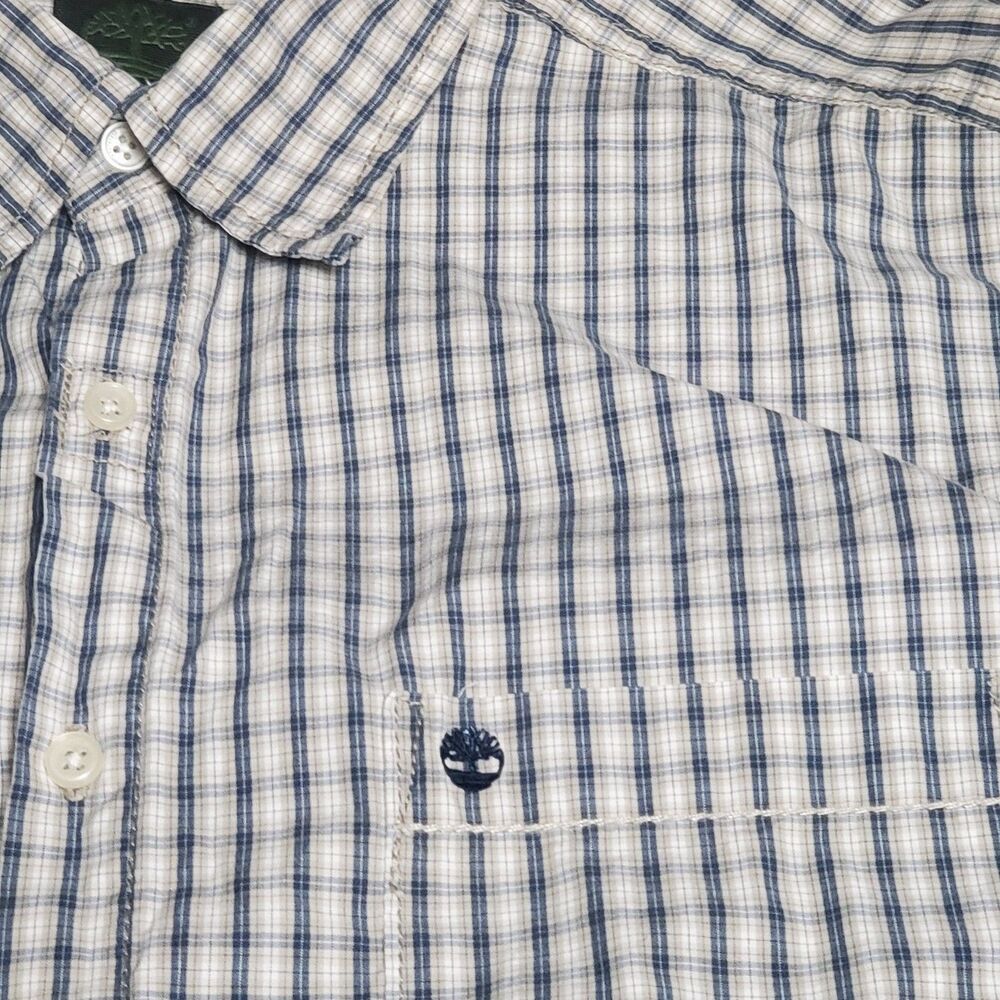 Timberland Mens Size Medium Shirt Long Sleeve Button Down Navy Blue & Tan Plaid